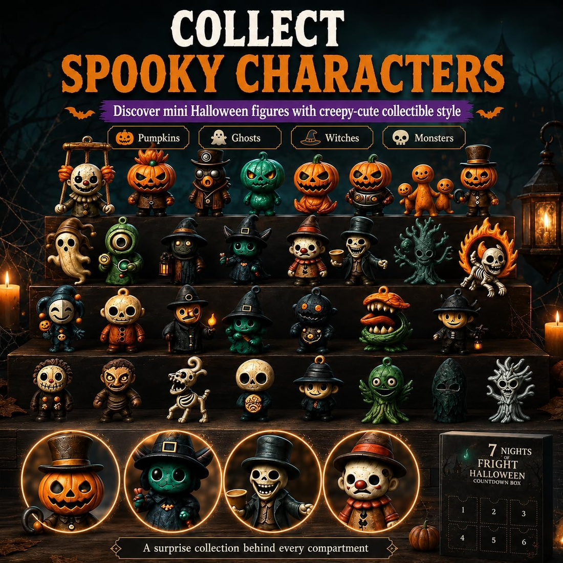 Halloween 31 nights Countdown Blind Box Set Spooky Cute Resin Figurine Advent Calendar for Holiday Decoration Gifts